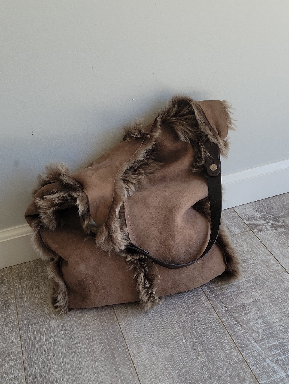 Nordstrom Brown Skimski Leather Fur Trim Tote Bag